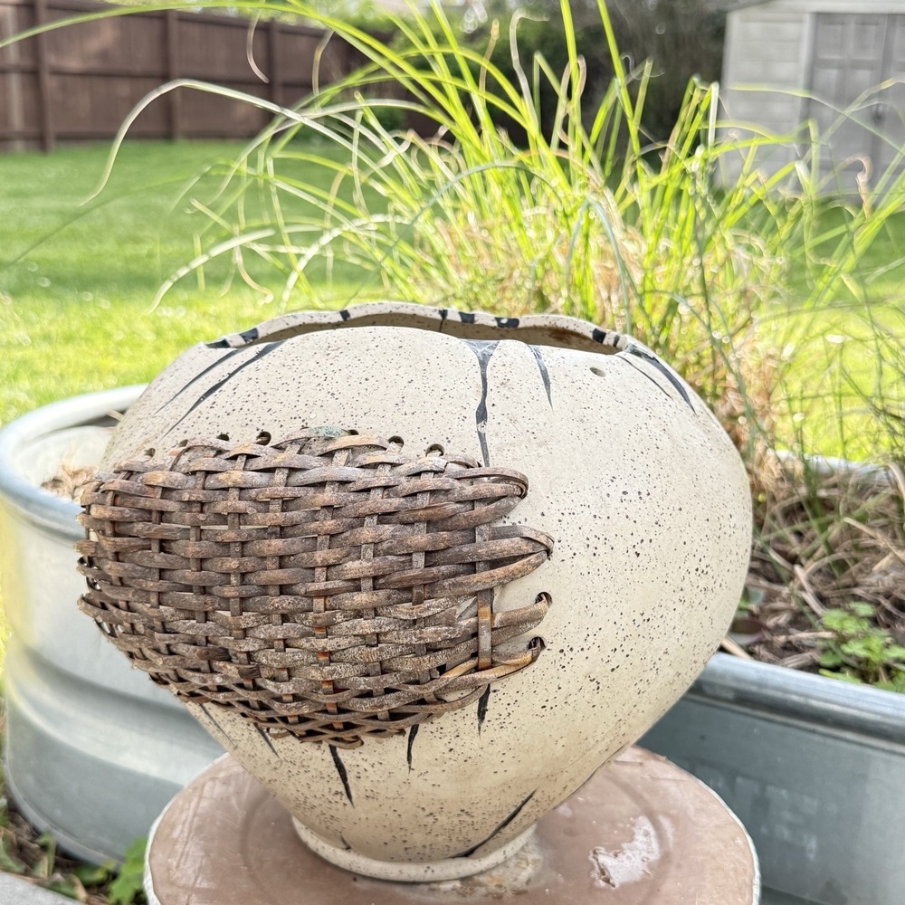 Brutalist Ikebana Studio Pottery Vase Woven Rattan Southwestern Sculpture